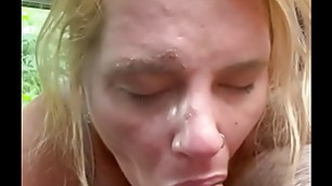 Dirty whore lets a guy cum on her face after a long blowjob and sucking his balls
