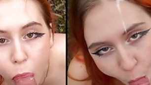 Ginger stepsister gave a blowjob and got cum and  in outdoor