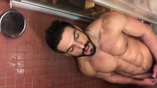 Muscle hunk solo showering