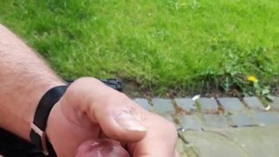 masturbating my circumcised cock in garden with cumshot