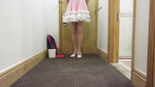 Crossdresser locked out of hotel room in sissy dress