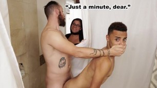 Step dad and son caught by mom at the shower