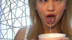 blonde amateur ahegao slut drools in a cup