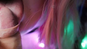 Pretty Asian girl with pink hair sucks juicy dick in close-up pov