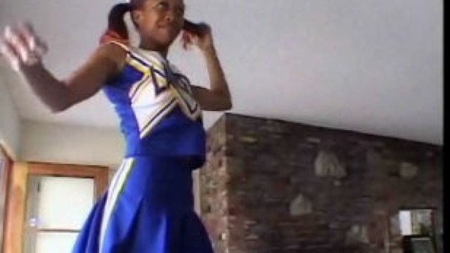 Sweet ebony cheerleader with great tits takes on two studs